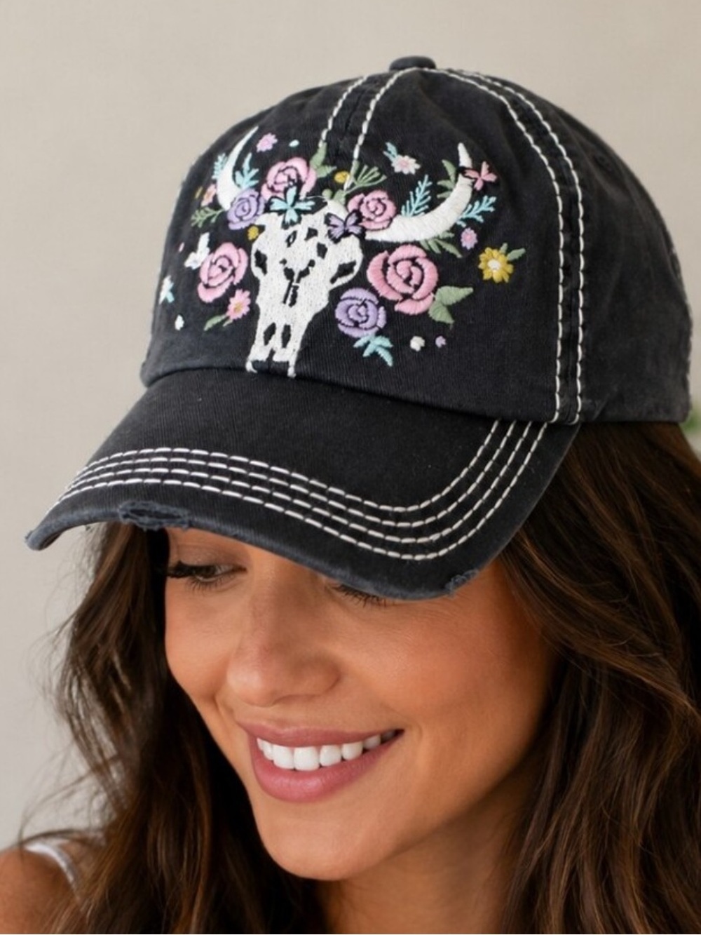 KB Ethos Vintage distressed black baseball cap with flowers and skull One Size